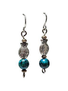 Fish Dangle Earrings Silver Tone Blue Green Beaded Nautical Coastal Boho Beachy